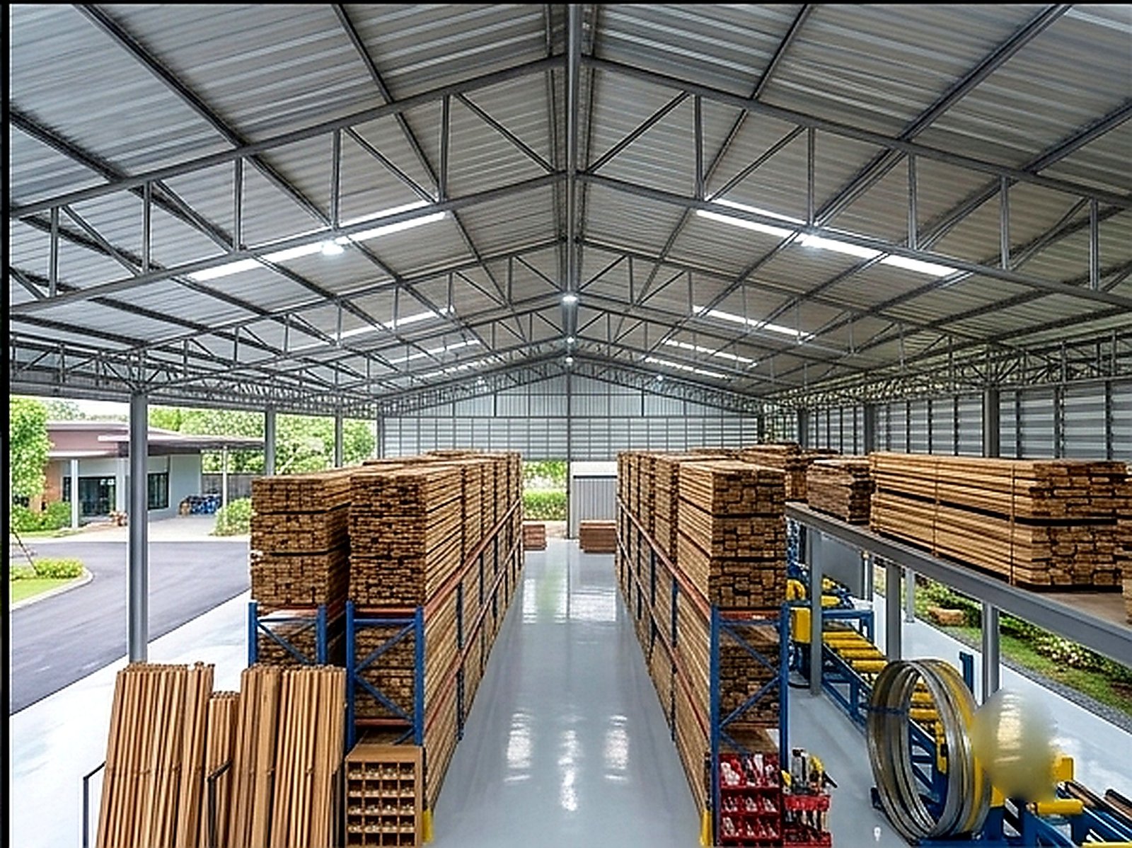 ลานเก็บซุงสักขนาดใหญ่ — Outdoor teak log yard with wheel loaders