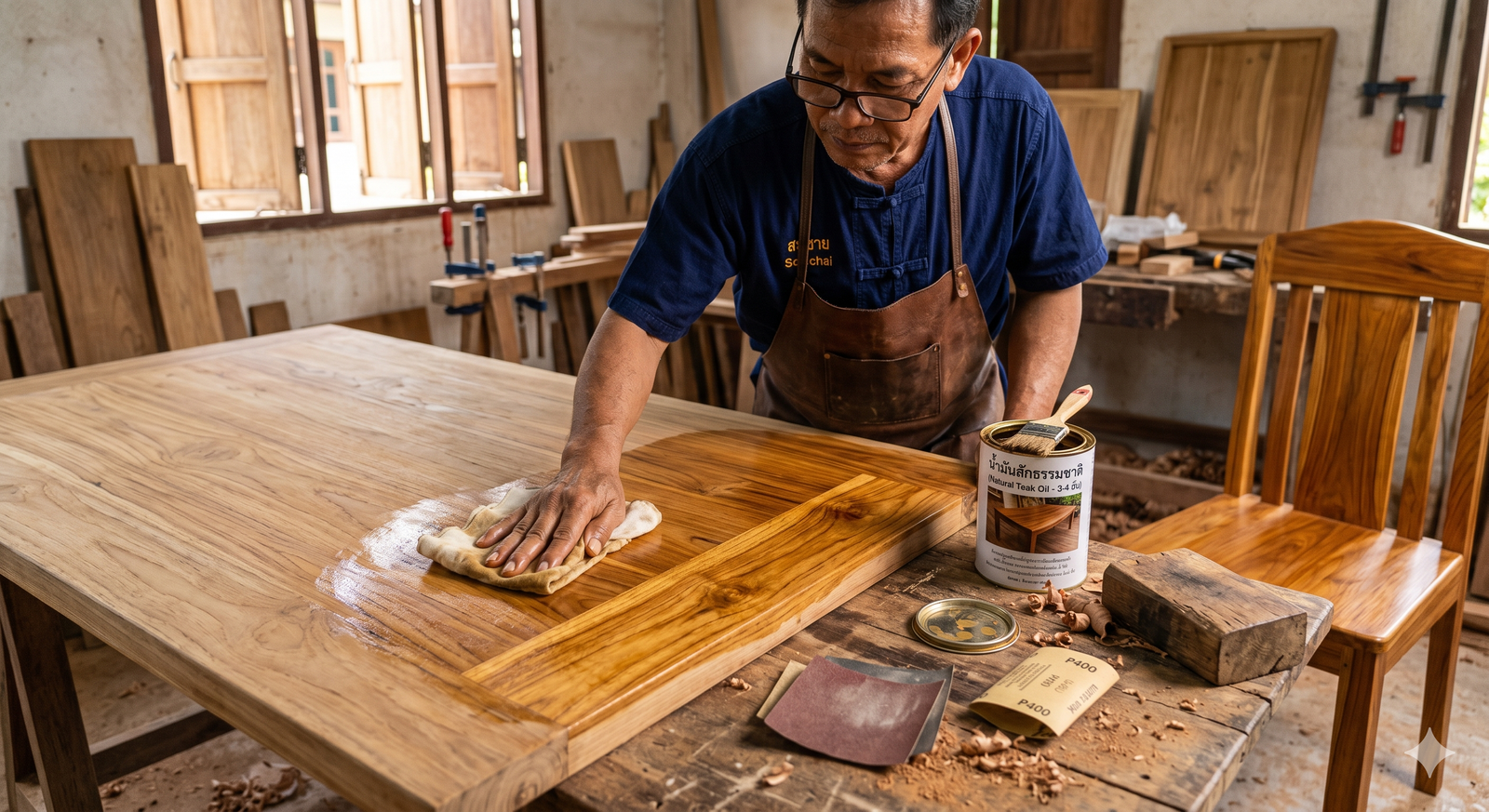 Natural teak oil being applied by hand to bring out wood grain